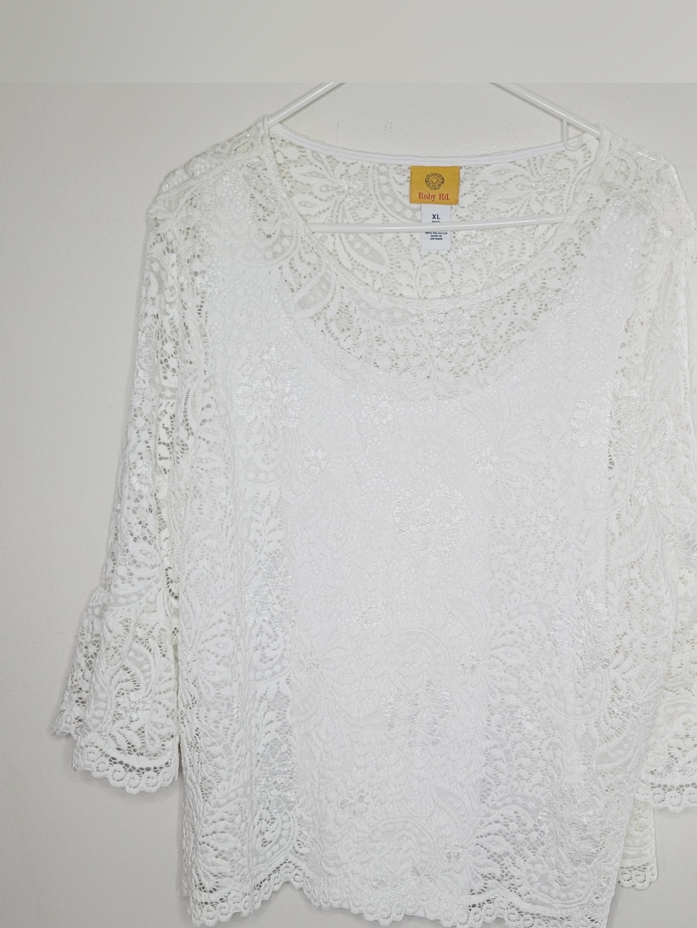 Ruby Rd Pretty White Lace Top Floral Bell Sleeves Cottagecore Farmhouse Western